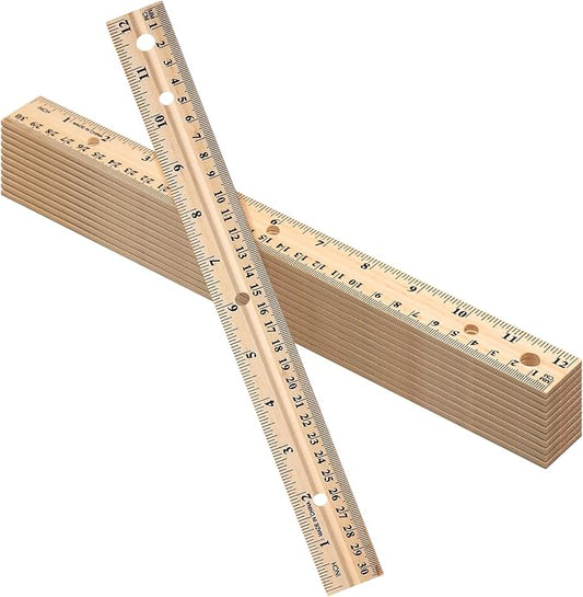 12 Pack 12 Pack Christmas Wooden Ruler Gifts 12 Inch (30cm) Bulk Wood Measuring Ruler Straight Metal Edge with 4 Holes for Teacher School Office Drafting Classroom Supplies, 2 Scale
