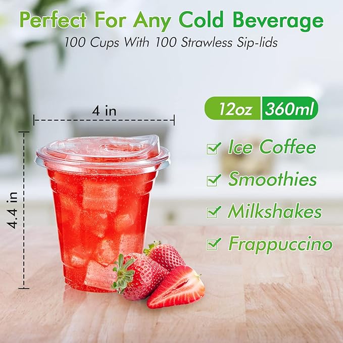 [100 PACK] 12 oz Clear Plastic Cups With Strawless Sip Lids, Disposable Plastic Cups With Sip Through Lids for Ice Coffee, Smoothie, Slurpee, or Any Cold Drinks