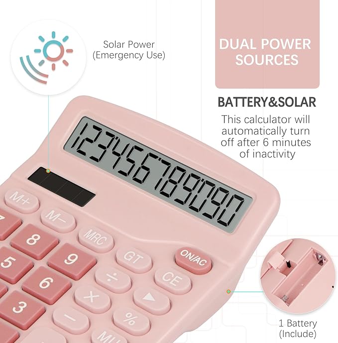 Desk Calculator,Cute Caculator with Dual Power Source,Basic Calculators Desktop with 12 Digit Large LCD Display Big Buttons Simple Financial Calculator for Office Home School(Pink)
