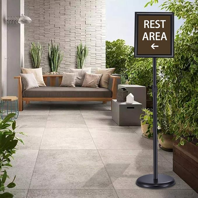 Adjustable Pedestal Poster Sign Stand 8.5x11 inchs, Black Floor Standing Sign Holder with Aluminum Snap Open Frame for Vertical/Horizontal Sign Displayed, for Store/Office/Hotel/School