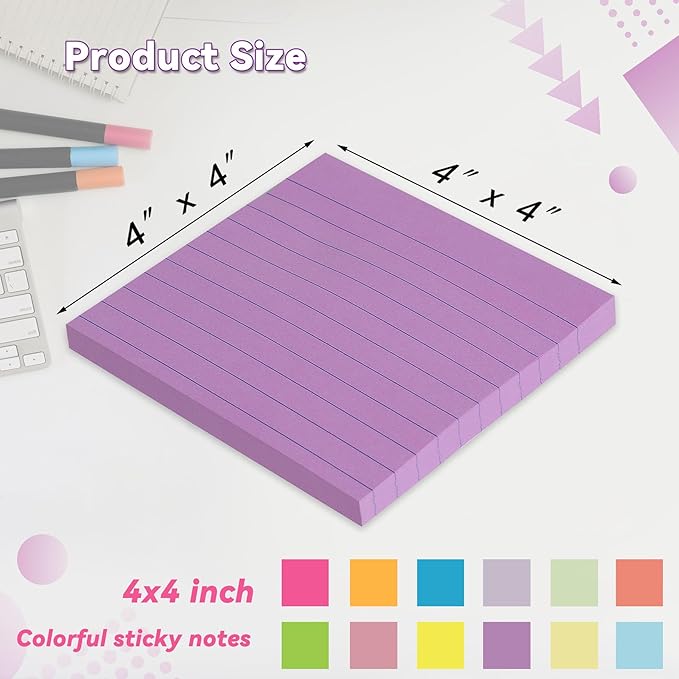(12 Pack) Lined Sticky Notes 4x4 in, 12 Bright Colors Self Sticky Notes Pad Its Super Sticking Power Memo Pads, 4x4 Large Square Sticky Notes for Office,Home, School, Meeting