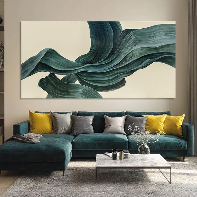 ZENPEE Large Green Abstract Wall Art and White Minimalist Canvas Wall Art, Home Decor, Office Wall Decor, Dining Room Wall Decor, Room Posters, 29" x 58"