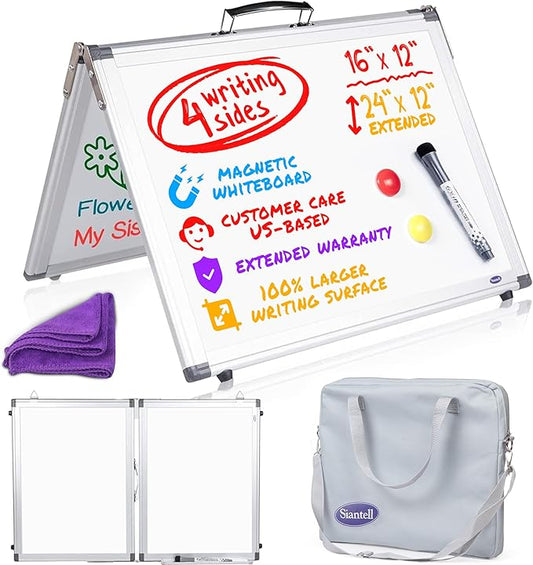 Small Dry Erase White Board – Magnetic Desktop Whiteboard - 16x12 inch 4 Sides Portable Whiteboard for Kids - Tabletop Mini Easel with Cover Bag for Office Desk, Students, Teachers