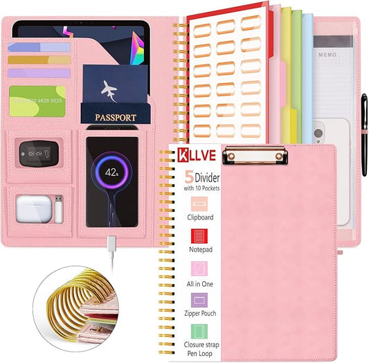 Pink Foldable Spiral Clipboard Folio with Storage Zipper Pouch, 5 Plastic Folders with Pockets,Refillable Lined Notepad (8.5" x 11"), Hardcover Project Organizer with 39 Stickers