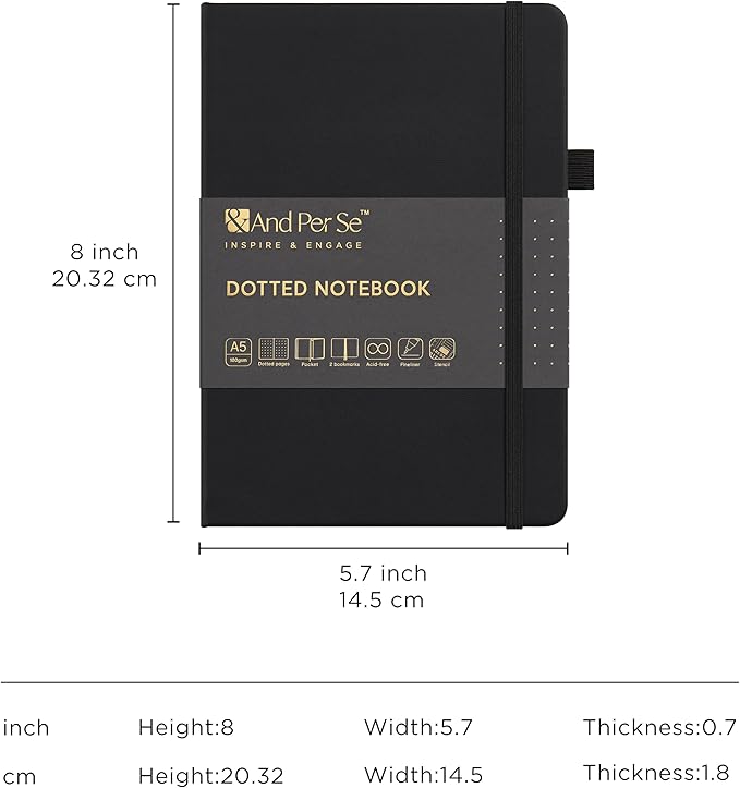 &And Per Se Bullet Dotted Journal Notebook Set (3 Packs), A5 Leather Hardcover, 176 Numbered Pages 100GSM Thick Dotted Paper, 2 Sheets of Stencils Included - 5.7'' x 8'' (Black)