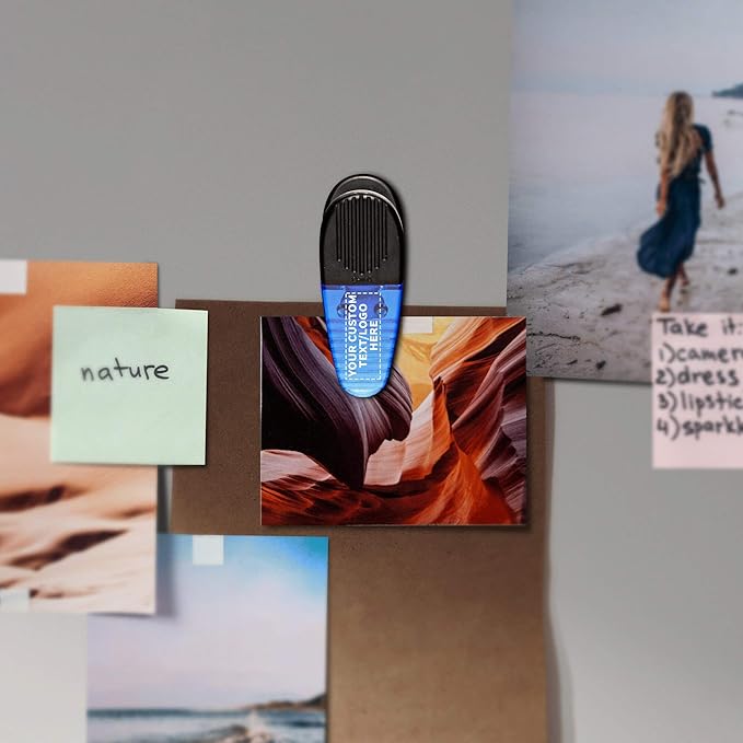 100 Magnetic Memo Holders Set - Customizable Text, Logo - Large Clip, Plastic - TBlue