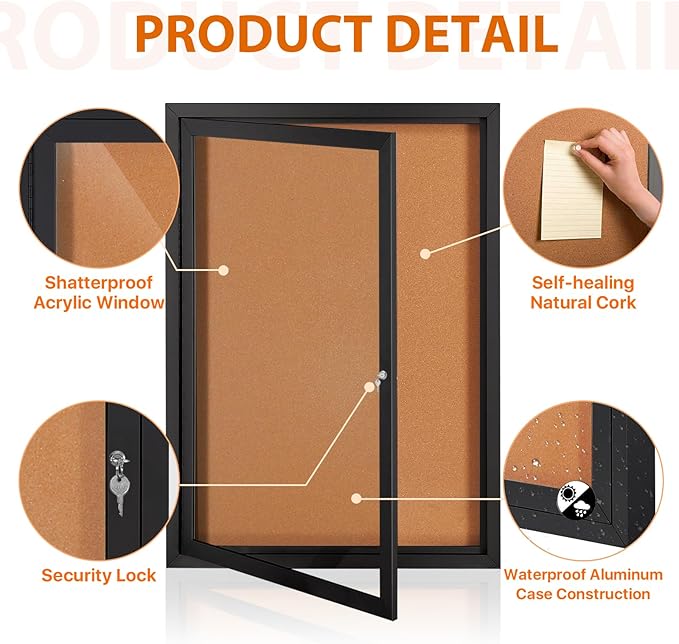 SWANCROWN Outdoor Bulletin Board 36x24in, Enclosed Bulletin Board with Locking Door Wall Display Case for Office School Commerce, Cork, Black Aluminum Frame