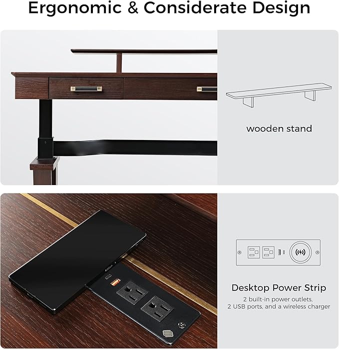 EUREKA ERGONOMIC Ark SWS Standing Desk, 63 inch Executive Desk w Drawers,Modern X-Shaped Leg Luxury Home Office Computer Desk w Monitor Stand,Colorblock Smoked Oak