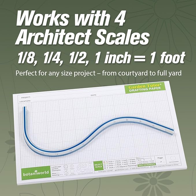 Garden Tutor Multiscale Garden & Landscape Design Kit – 2 Translucent Yellow Design Stencils, 12-Inch Flexible Curve Ruler, 40-Sheet Multi-Scale Graph Paper & Garden Design Guide