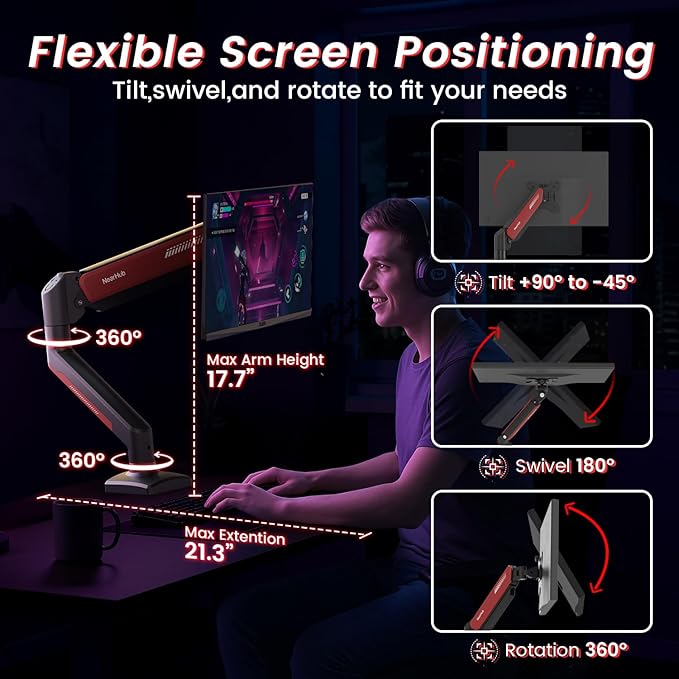 NearHub Gaming Monitor Mount for Computer Screen 13-32" and up to 22 lbs,360° Rotation,+90° to -45° Tilt,180° Swivel,with C Clamp and Grommet Base,Integrated Cable Management,75x75/100x100 VESA,RED