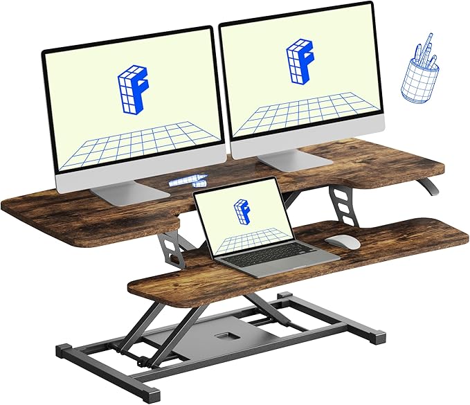FLEXISPOT FLXISPOT 42-inch Standing Desk Converter, Sit to Stand Dual Monitor and Laptop Workstation with Wide Keyboard Tray, Rustic Color