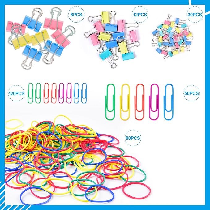 Paper Clips, Sopito 300pcs Paperclips Binder Clips Assorted Sizes (S/M/L) and Rubber Bands, Colored Office Supplies Set College School Supplies