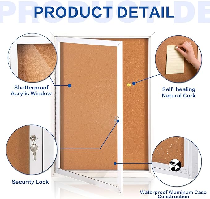 SWANCROWN Outdoor Enclosed Cork Bulletin Board Weatherproof Display Cases Tamperproof Notice Poster Memo Board with Aluminum Frame,36x24 inches