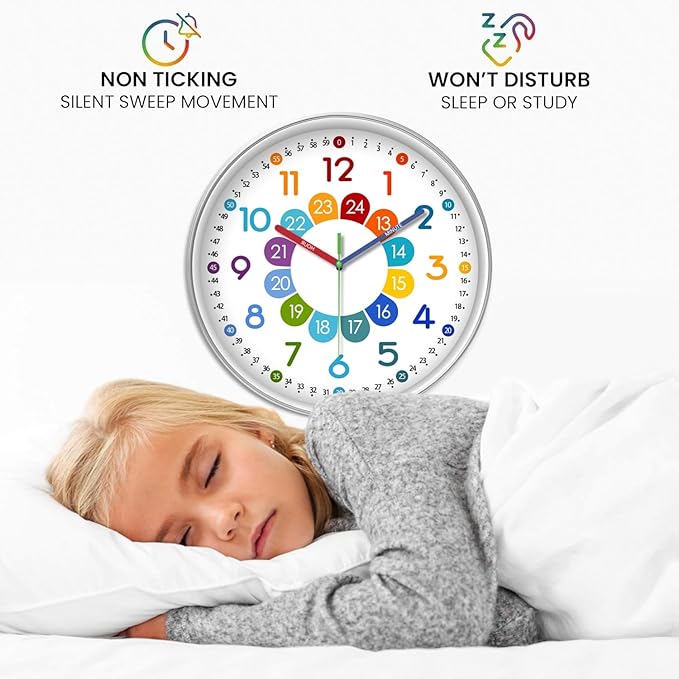 XFM Silent Kids Wall Clock 8 Inch Non Ticking Battery Operated Kids Teaching Clock Colorful Analog Learning Clock Decorative for Kids Room Classroom School