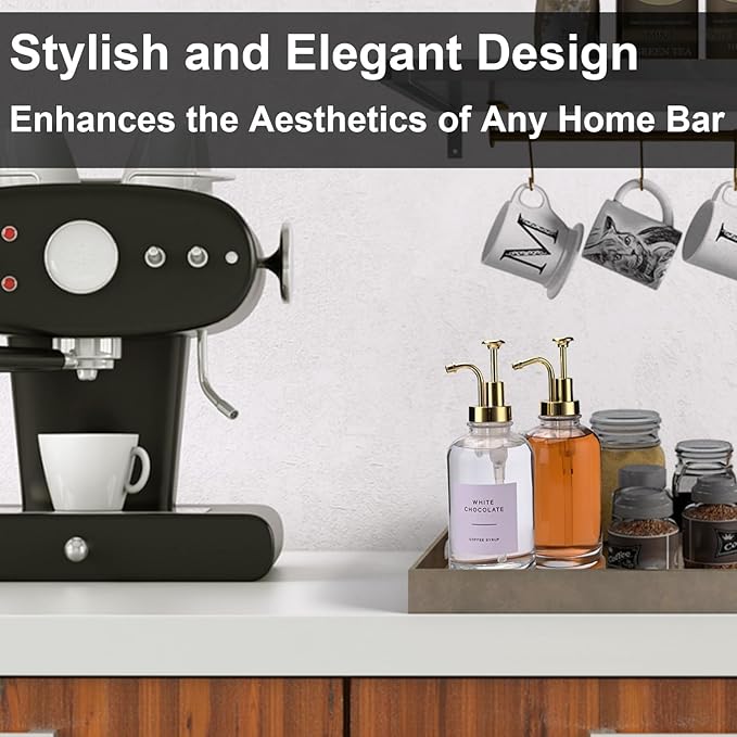 2 Pack 16oz Glass Coffee Syrup Dispenser with Gold Pump, Elegant Coffee Bar Accessories with Labels, Reusable Syrup Bottles for Kitchen, Café & Home Decor
