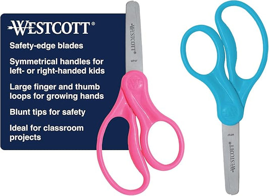 Westcott 5" Hard Handle Kids Scissors, Blunt, Assorted Colors, 2-Pack