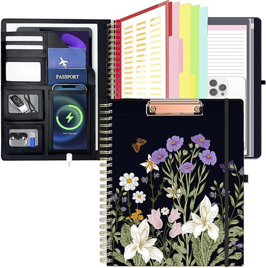 Foldable Spiral Clipboard Folio with Storage Zipper Pouch, 5 Plastic Folders with Pockets,Refillable Lined Notepad (8.5" x 11"), Hardcover Project Organizer with 36 Stickers，Weeds