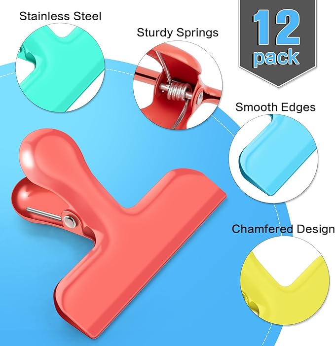 Chip Bag Clips, 12 Pack Heavy Duty Chip Clips Food Clip, Air Tight Seal Bag Clipfor Kitchen and Office to Seal Coffee Bags, Paper Sheets(Multi-Color)