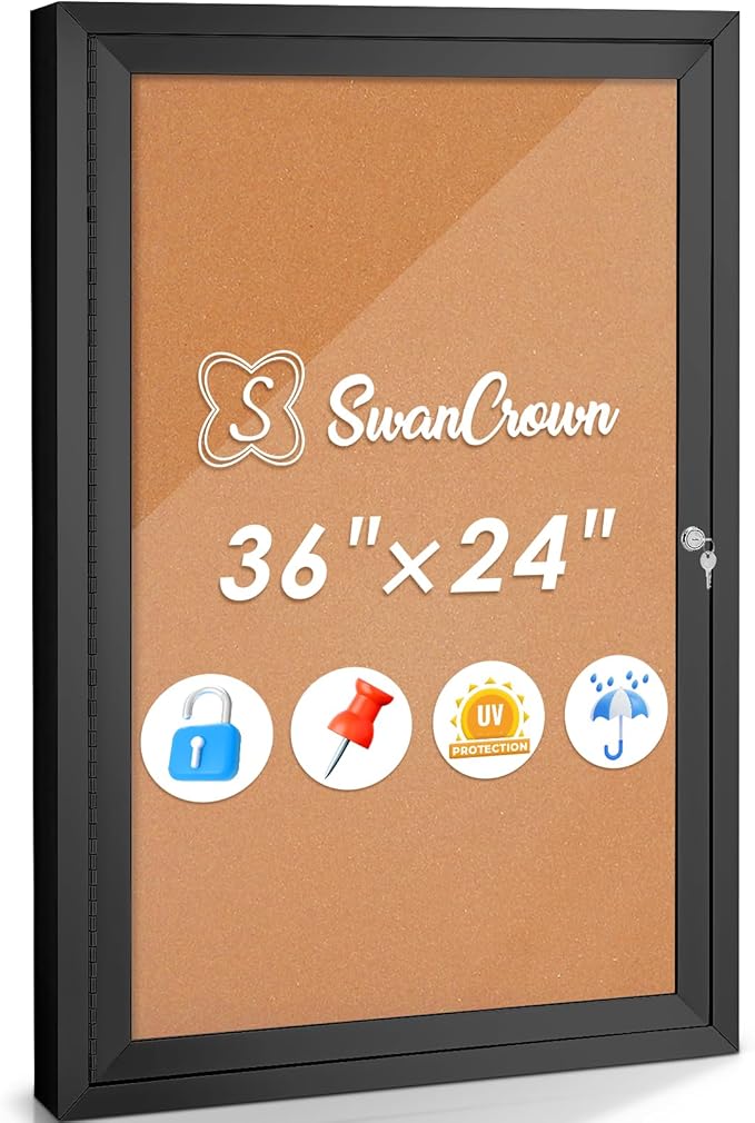 SWANCROWN Outdoor Bulletin Board 36x24in, Enclosed Bulletin Board with Locking Door Wall Display Case for Office School Commerce, Cork, Black Aluminum Frame