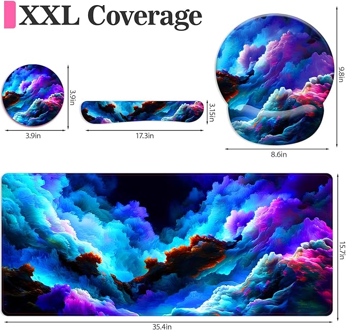 Long Mouse Pad XXL,Ergonomic Desk Mat Gaming Set,Keyboard Wrist Support Rest Mouse Pad Suitable for Office and Home (XXL Cotton Clouds)