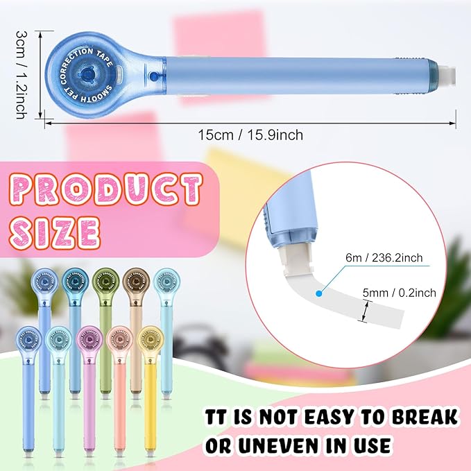 10 Pack Correction Tape Pen Correctional Ink Tape Push Pull Protective, Easy to Use Applicator for School Office Supplies, 0.2 x 236 Inch (Dessert Colors)