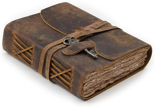 LEATHER VILLAGE Vintage Leather Journal – 200 Handmade Vintage Deckle Edge Paper – Leather bound Journal For Women Men – Vintage Key Closure - Book of Shadows - Cappuccino Brown - 8X6 inches (A5)