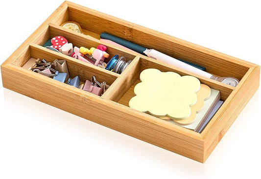 Weysat Irregular 4 Slots Bamboo Wood Desk Drawer Organizer 11"x6" Office Desk Organizer Tray Drawer for Office Supplies Makeup Jewelry Vanity