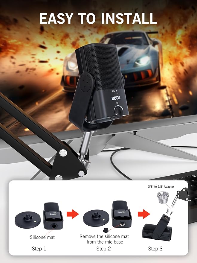 SUNMON Rode NT-USB Mic Boom Arm - Mic Arm for RODE NT-USB/NT-USB+/NT-USB Mini and Most Microphone, Adjustable Boom Scissor Arm Stand with 3/8" to 5/8" Adapter by SUNMON