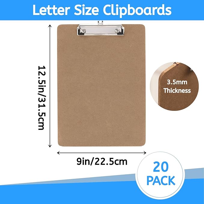 YOUEON 20 Pack Hardboard Office Clipboards, 9 x 12.5 Inch Letter Size Clipboard with Low Profile Clip & Hangable Loop, Clip Boards for Home Office School Hospital Supplies