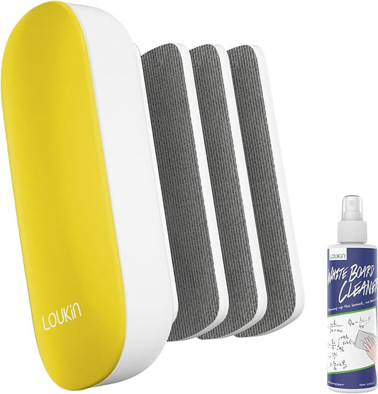 loukin Replaceable Dry Erase Eraser, Magnetic Whiteboard Eraser with 3 Replaceable Felt Pads, 4-in-1 Glass Whiteboard Erasers, 3.4 fl oz Cleaner Included (Yellow)