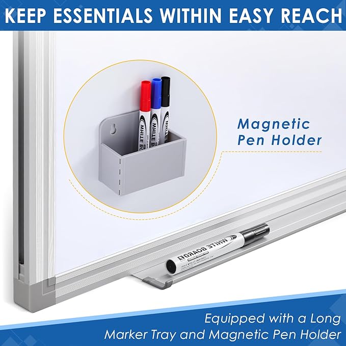 SWANCROWN Large Magnetic White Board 72 x 40 Inches with Thick Aluminum Frame, Large Dry Erase Board for Wall, with Magnetic Pen Holder & Long Marker Tray for Conference Room