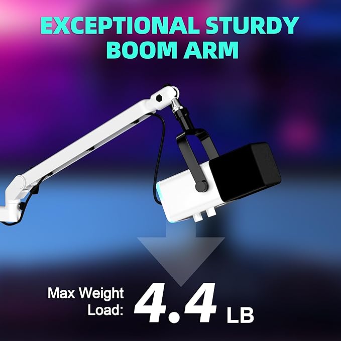 Low Profile Mic Arm Microphone Boom Arm Professional Adjustable with 15cm Riser Solid Desk Mount Clamp Cable Management Microphone Holder Stand for Podcast Streaming Gaming Mic Stand White