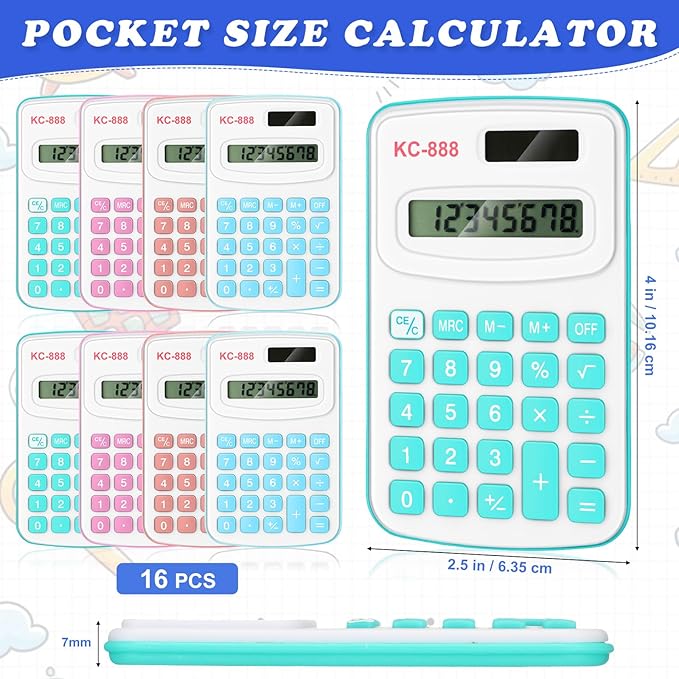 Hoteam 16 Pcs Christmas Pocket Calculator Gift for Students Bulk Mini Handheld Calculator Basic Standard Calculators with Button Battery 8 Digit Display for School Office Home(Light Color)