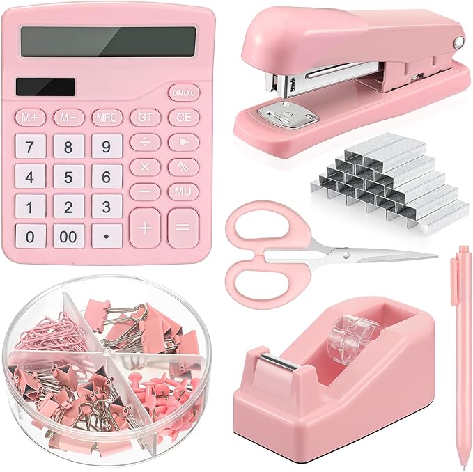 Breling 6 Set Desk Accessory Office Supplies Kit Include Cute Stapler Tape Dispenser Ballpoint Pen Binder Clips Paper Clips Long Tail Calculator and Scissor for Office(Pink)