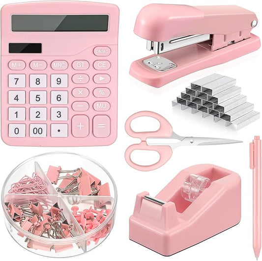 Breling 6 Set Desk Accessory Office Supplies Kit Include Cute Stapler Tape Dispenser Ballpoint Pen Binder Clips Paper Clips Long Tail Calculator and Scissor for Office(Pink)