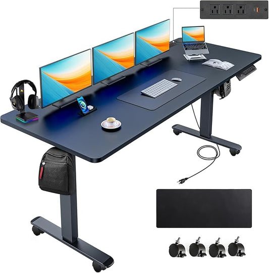 farexon arexon Electric Standing Desk 63 x 24In with Charging Station, Rolling Stand up Desk with Oversized Mouse Pad, 2 USB Ports & 3 Power Outlets, 4 Casters, 4 Preset Heights Easy to Set（Black