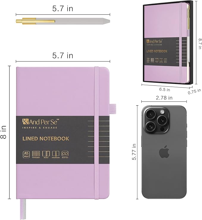 &And Per Se Lined Journal and Pen Set, A5 Hardcover Notebook, 160 Pages 100GSM Thick Paper-Gifts for Men Women, for Work, Business, School or Home Writing (Purple)