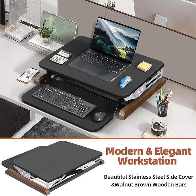 Electric Standing Desk Converter with Keyboard Tray, 26x16 Inch, Height Adjustable Sit to Stand Desk Riser with Unique Side Cover and Wooden Feet, Small Motorized Monitor Riser for Office & Home