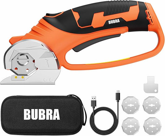 BUBRA Cordless Electric Scissors, 4V Cardboard Cutter with 4 Blades, Rechargeable Box Cutter up to 1/3", with Storage Bag, Safety Lock & LED Light, Electric Scissors for Cardboard, Fabric & Carpet