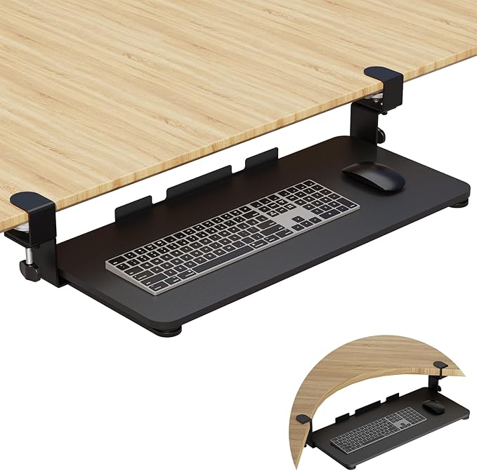 WALI Keyboard Tray Under Desk, Pull-Out Keyboard & Mouse Tray with 45° Adjustable C-Clamp, Ergonomic Platform Computer Drawer for L Shaped & Flat Desk 26.4" x 11.8" (KBT001-B), Black