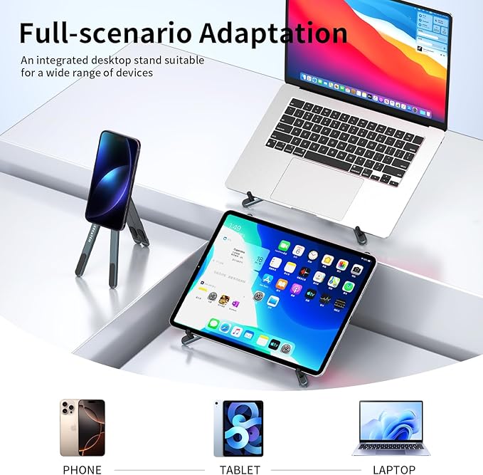 Adjustable Laptop Stand for Desk with Magnetic Phone Holder, MagSafe Compatible Portable Foldable Computer Riser for MacBook, iPhone, iPad, Tablet - Perfect for Office, Home, Traveling