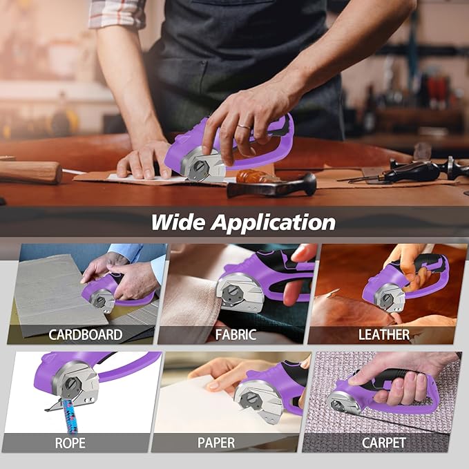 Cordless Electric Scissors, 4V Rechargeable Box Cutter & Cardboard Cutter with Titanium Blade, LED Light, Safety Lock - Rotary Cutter for Fabric, Leather, Carpet, Plastic, Crafting, Sewing(Purple)