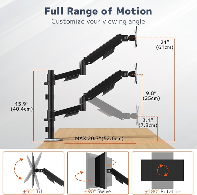 PUTORSEN Dual Monitor Stand for 17-32 Inch Screens,Holds up to 19.8lbs, Full Motion Adjustable Tilt Swivel Rotation, Space-Saving Desk Mount with C-Clamp & Grommet, VESA 75/100mm