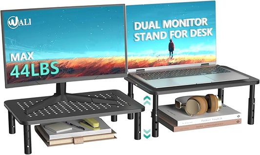 WALI Dual Monitor Stand for Desk, Desk Monitor Riser 3 Height Adjustable, Laptop Riser with Airflow Vents, Desk Organizer for Computer, Laptop, Printer, Notebook (STT003-2), 2 Pack, Black