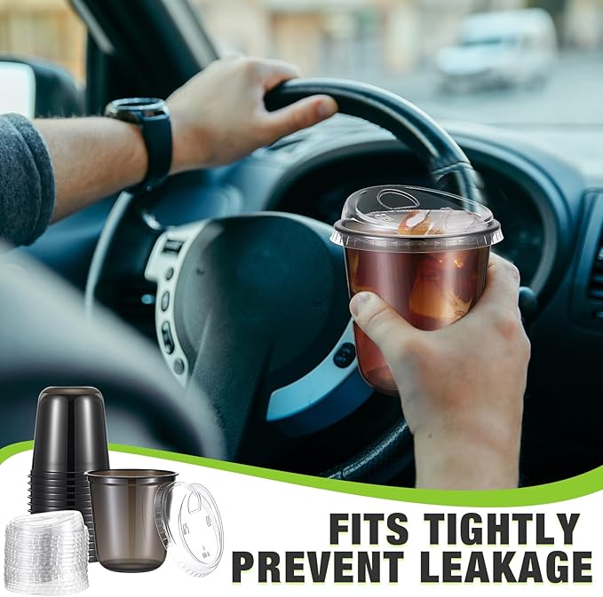 50 Sets Clear Plastic Coffee Cups with Sip Lids, Disposable Plastic PET Crystal Cups for Iced Coffee, Smoothie, Cold Beverage, Drink Shops and Party Catering(Black,12 oz)