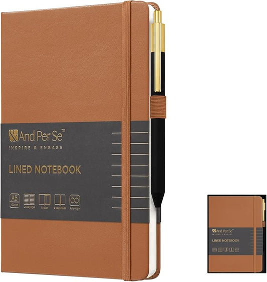 &And Per Se Lined Journal and Pen Set, A5 Hardcover Notebook, 160 Pages 100GSM Thick Paper-Gifts for Men Women, for Work, Business, School or Home Writing (Light Brown)