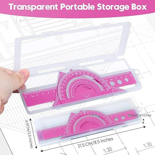 MSDADA Triangle Ruler, Protractor, Square and Ruler Set, 4 Pieces Aluminum Alloy, Metal Drafting Kit, Geometric Protractor for Student, School, Home, Office (Pink, 20cm/7.87inch)