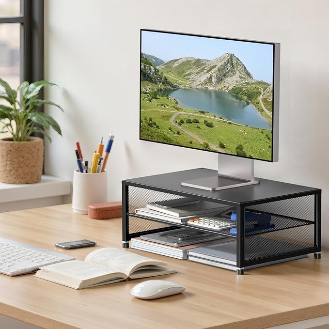Desk Organizers and Accessories, 2-Tier Metal Computer Monitor Stand Riser, Desk Organizer for Monitor, Printer & Laptop Stand, Desktop Workspace Organizers for Office Supplies(Black)