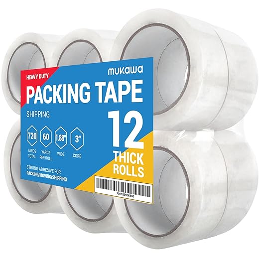 Clear Packing Tapes, 12 Rolls Tapes Refills, 720 Yards Heavy Duty Tape for Moving Shipping Packaging, 2.7mil Thick Strong Sealing, 1.88 inch Wide, 60 Yards Per Roll