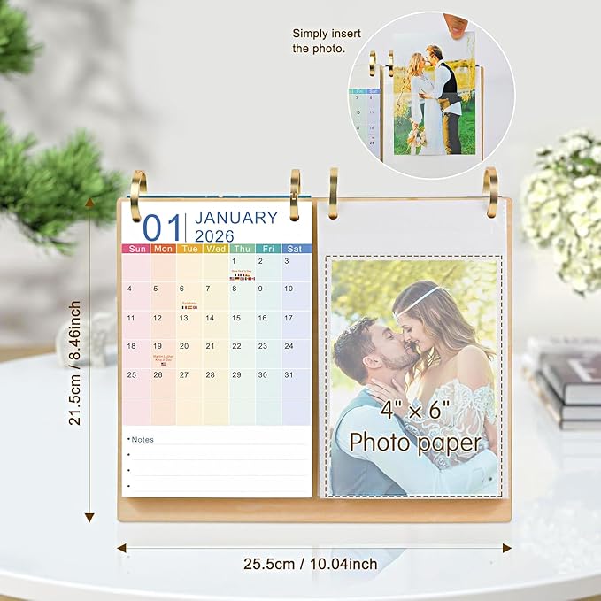 ZEEYUAN 4x6 Desktop Flip Photo Album and 2026 Desk Calendar, Small Desk Calendar Jan 2026-Jun 2027 with Notepads, 4x6 Flip Photo Album on Standing 40 Pockets